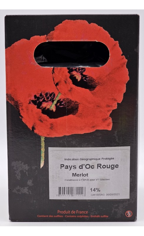Photographie d'une bouteille de vin rouge Tavel Fontaine Merlot Coquelicot Pays D Oc Rge Bib 10l Crd