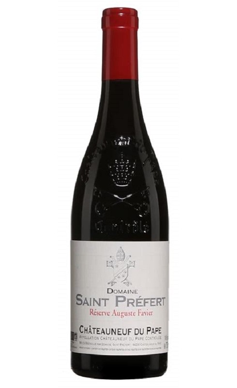 Photographie d'une bouteille de vin rouge St-Prefert Auguste Favier 2019 Chtneuf Rge Bio 75cl Crd
