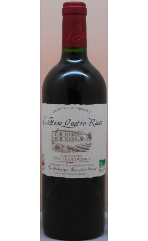 Photographie d'une bouteille de vin rouge Cht Quatre Rieux 2019 Castillon-Cdbdx Rge Bio 75cl Crd