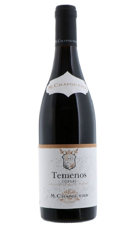 Photographie d'une bouteille de vin rouge Chapoutier Temenos 2018 Cornas Rge 75 Cl Crd