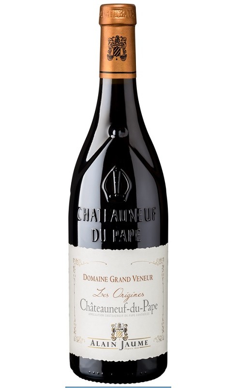 Photographie d'une bouteille de vin rouge Jaume Grand Veneur Origines 2018 Chtneuf Rge Bio 1 5 L Crd