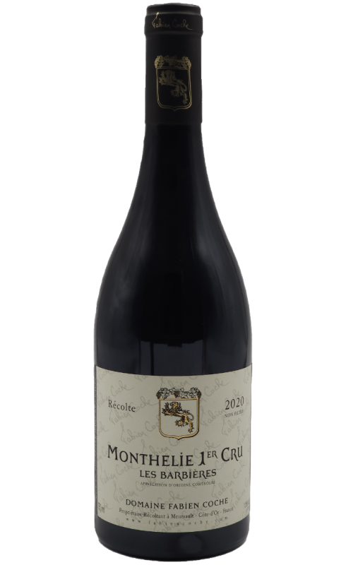 Photographie d'une bouteille de vin rouge Coche Les Barbieres 1er Cru 2020 Monthelie Rge 75cl Crd