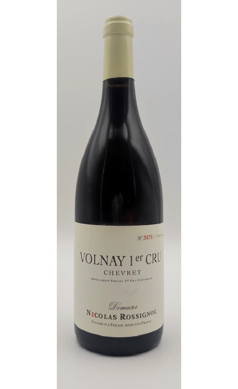 Photographie d'une bouteille de vin rouge Rossignol Chevret 1er Cru 2020 Volnay Rge 75cl Crd