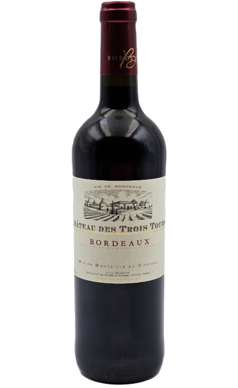 Photographie d'une bouteille de vin rouge Lumeau Les Trois Tours 2021 Bdx Rge 75cl Crd