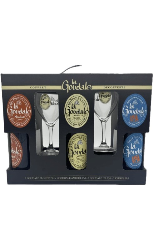 COFFRET LA GOUDALE - 1 BLONDE 75 CL + 1 AMBREE 75 CL + 1 IPA 75 CL + 2 VERRES COFFRET LA GOUDALE - 1 BLONDE 75 CL + 1 AMBREE 75 CL + 1 IPA 75 CL + 2 VERRES
