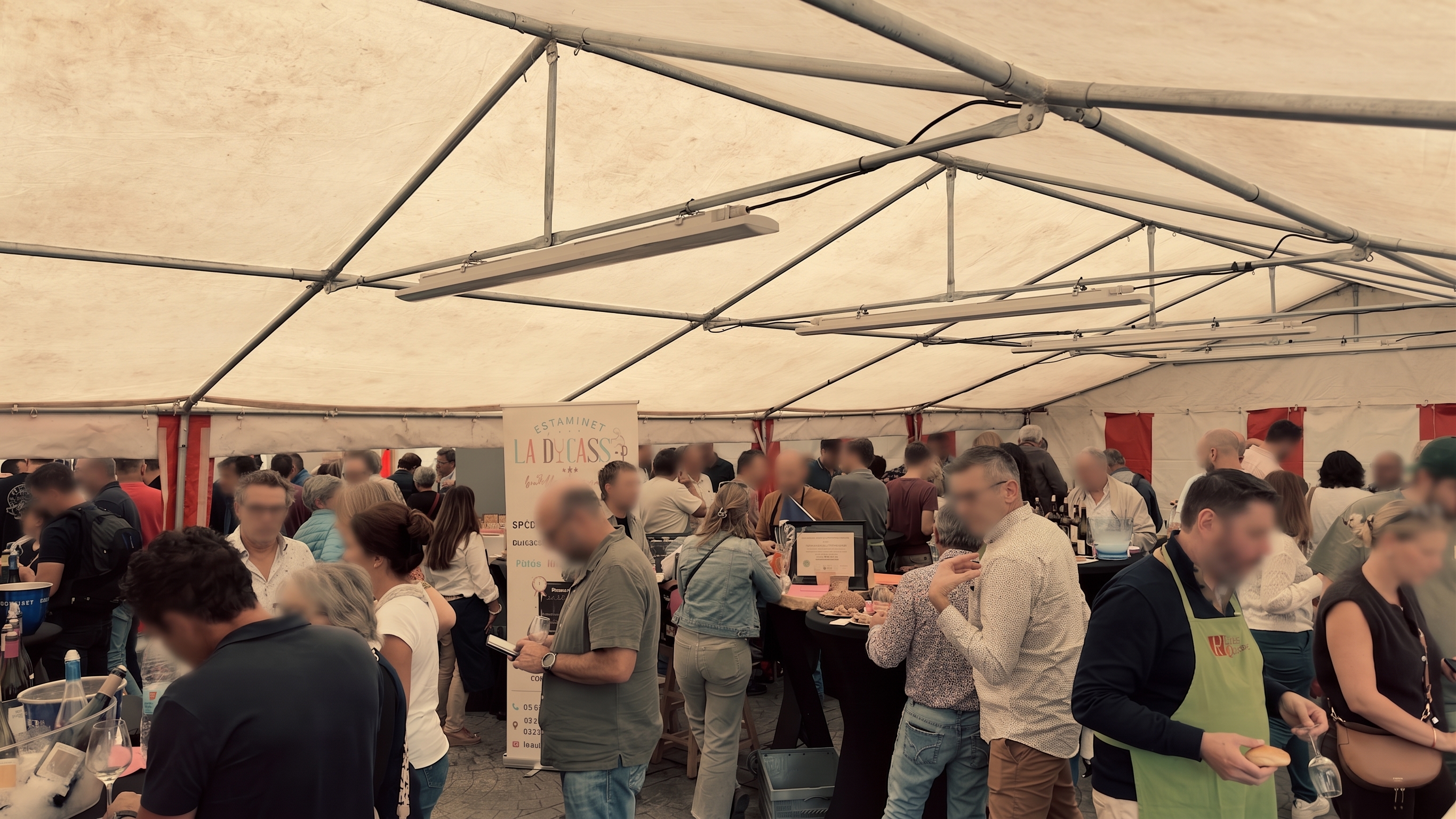 Visiteurs autour des bouteilles ouvertes en cave