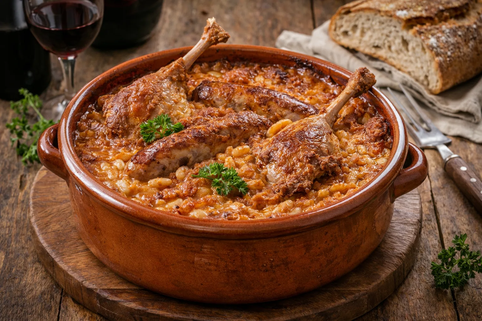 Cassoulet accompagné d'un verre de vin rouge du Sud-Ouest